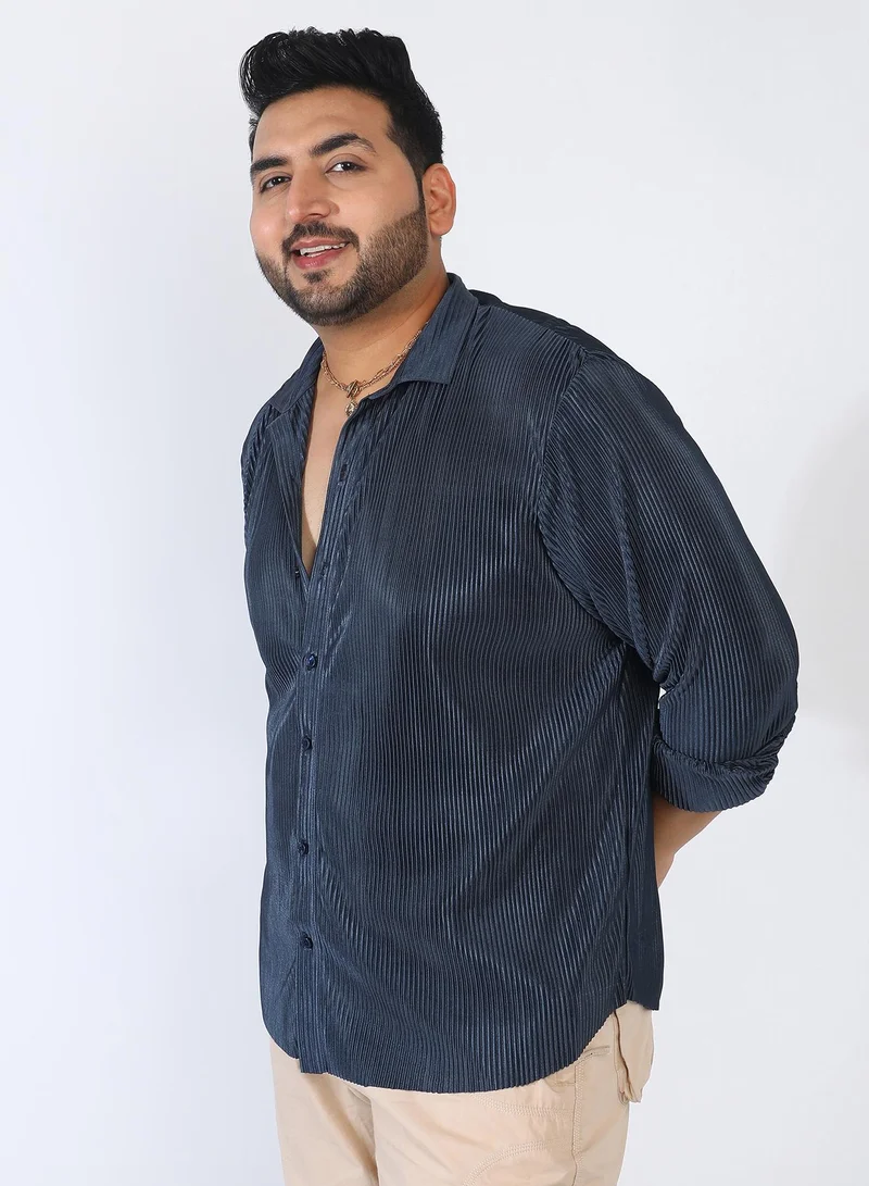 Instafab Plus Men's Navy Blue Pleat-Creased Shirt