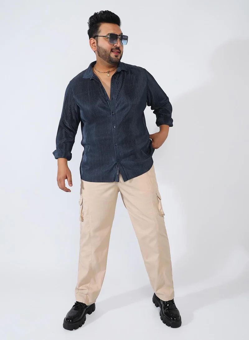 Instafab Plus Men's Navy Blue Pleat-Creased Shirt