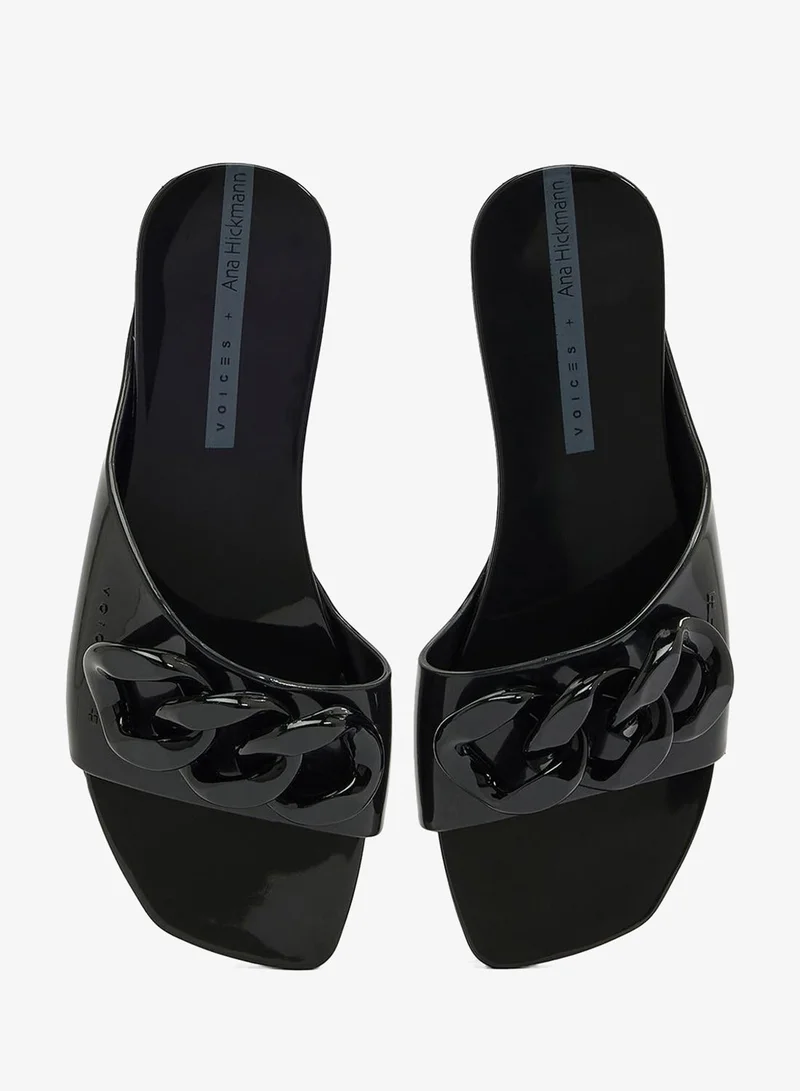 Voices Black-Black-Black Avolto  Corrente Women'S Low Sandal With Chain Design - Black for Women | Best Price UAE