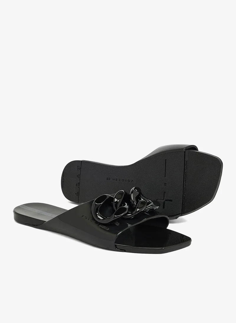 Voices Black-Black-Black Avolto  Corrente Women'S Low Sandal With Chain Design - Black for Women | Best Price UAE
