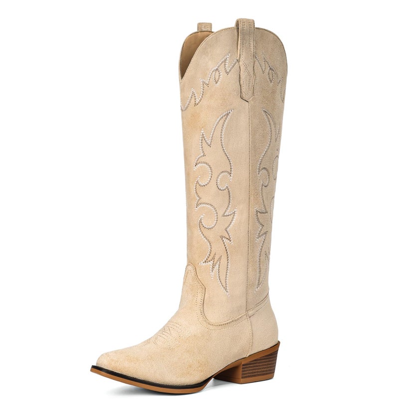 Fioralie Suede Cowboy Boots for Women Knee High Western Cowgirl Boots Pointed Toe Low Heel Classic Embroidered Boot - Image 1