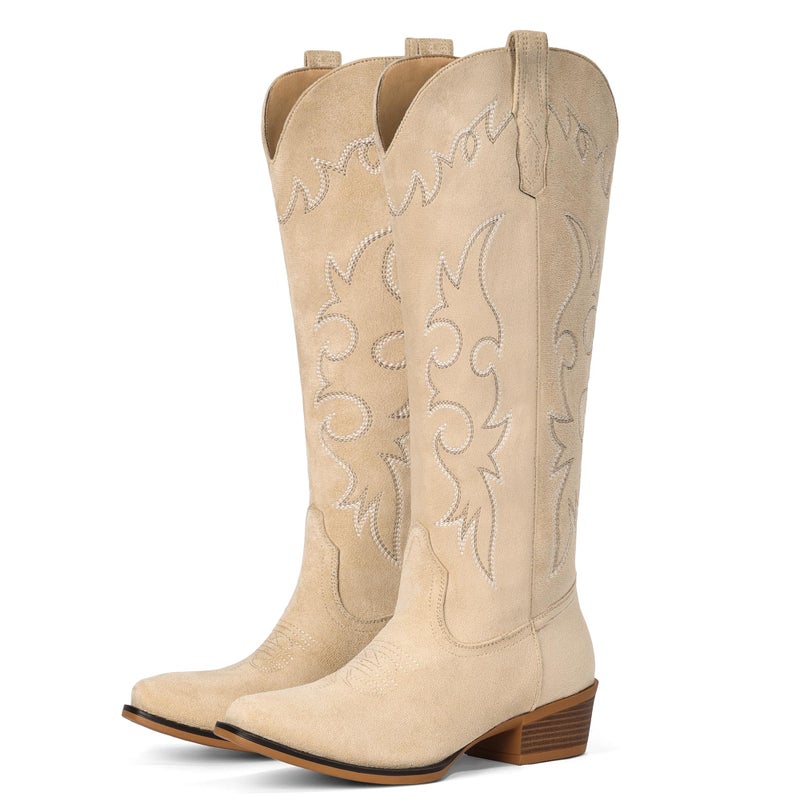 Fioralie Suede Cowboy Boots for Women Knee High Western Cowgirl Boots Pointed Toe Low Heel Classic Embroidered Boot - Image 4