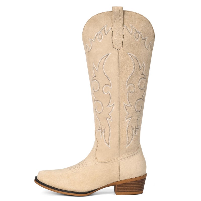 Fioralie Suede Cowboy Boots for Women Knee High Western Cowgirl Boots Pointed Toe Low Heel Classic Embroidered Boot - Image 5