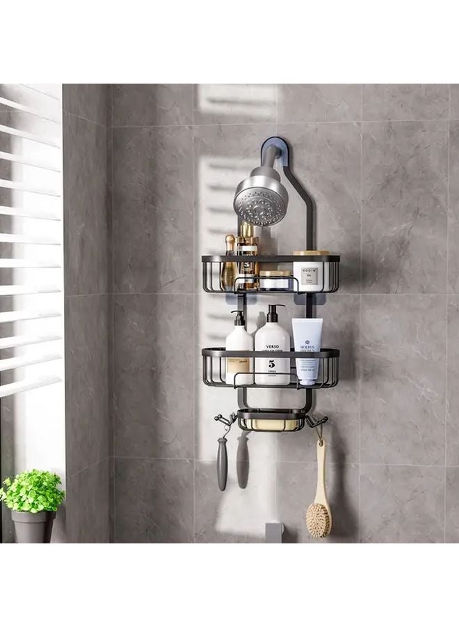 رفرف استحمام مكون من طابقين مثبت على الحائط بدون حفر تركيب سلة تخزين موفرة للمساحة باللون الأسود - Image 1