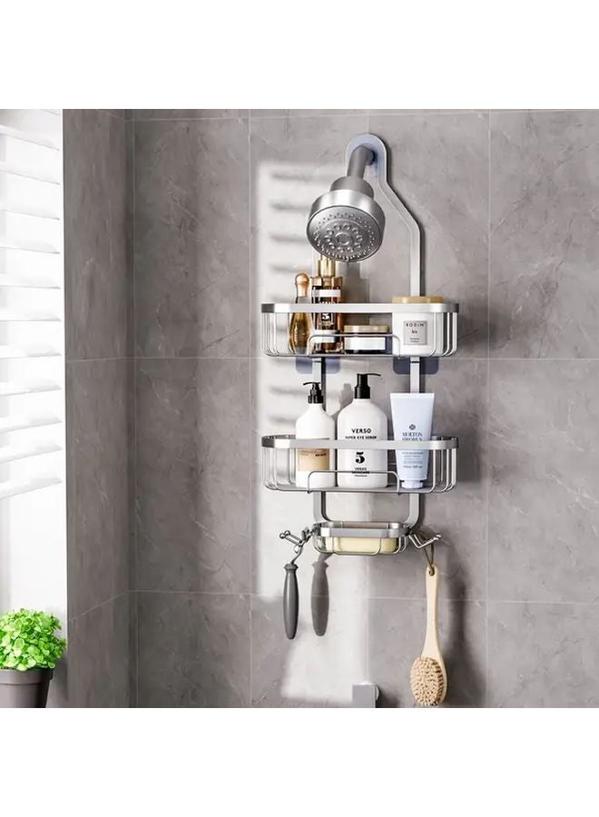 رفرف استحمام مكون من طابقين مثبت على الحائط بدون حفر تركيب سلة تخزين موفرة للمساحة باللون الأسود - Image 2