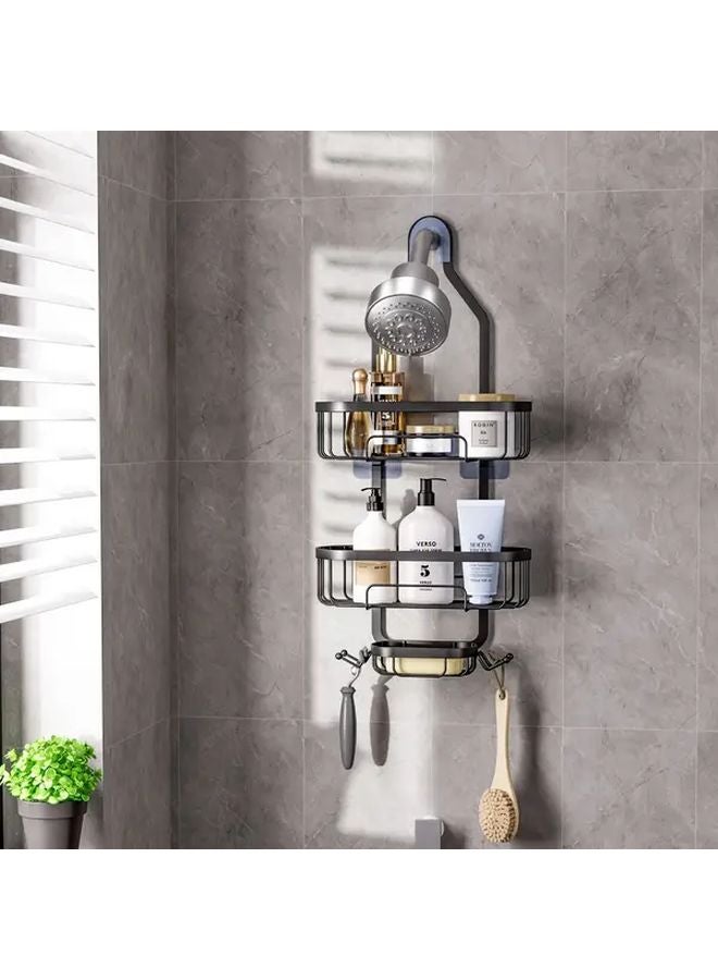 رفرف استحمام مكون من طابقين مثبت على الحائط بدون حفر تركيب سلة تخزين موفرة للمساحة باللون الأسود - Image 3