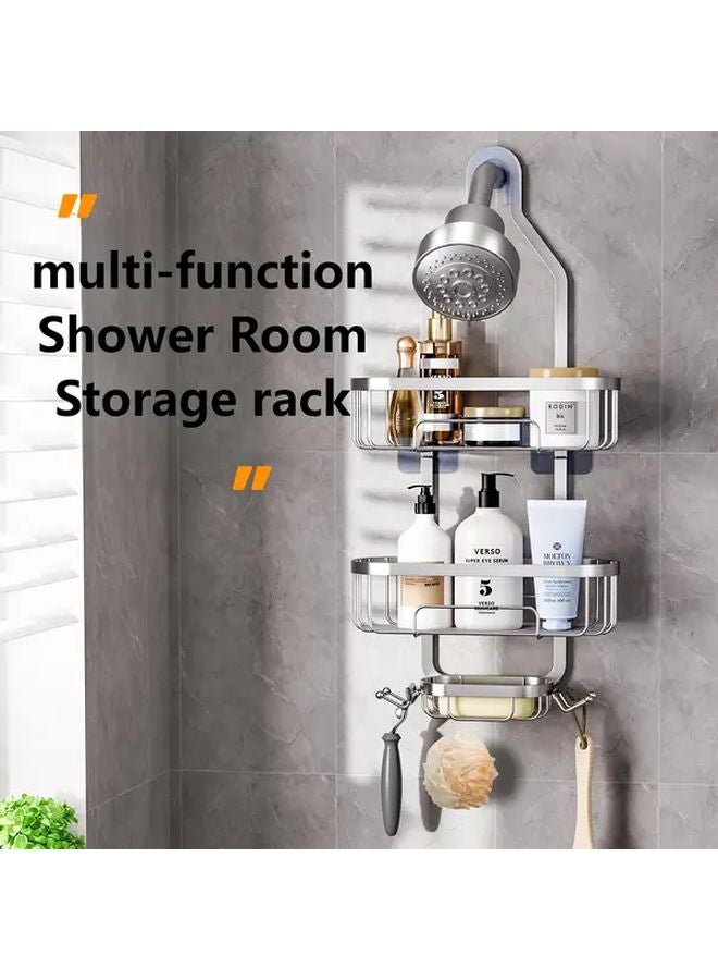 رفرف استحمام مكون من طابقين مثبت على الحائط بدون حفر تركيب سلة تخزين موفرة للمساحة باللون الأسود - Image 5