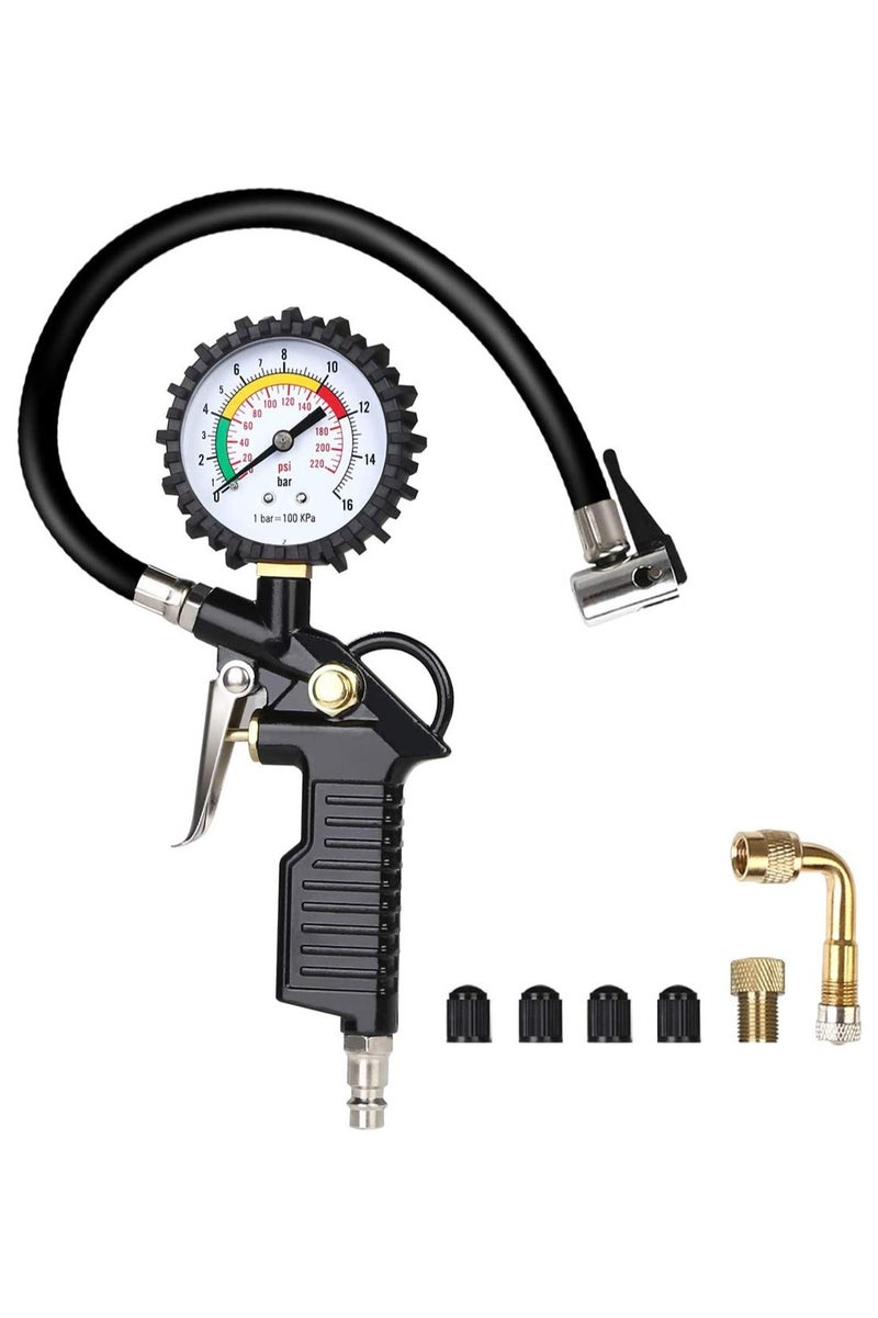HERIOS Tyre Inflator and Pressure Gauge Gun For Use with Air Compressor Includes Ruber Hose Quick Connect Coupler Accessories - Image 1