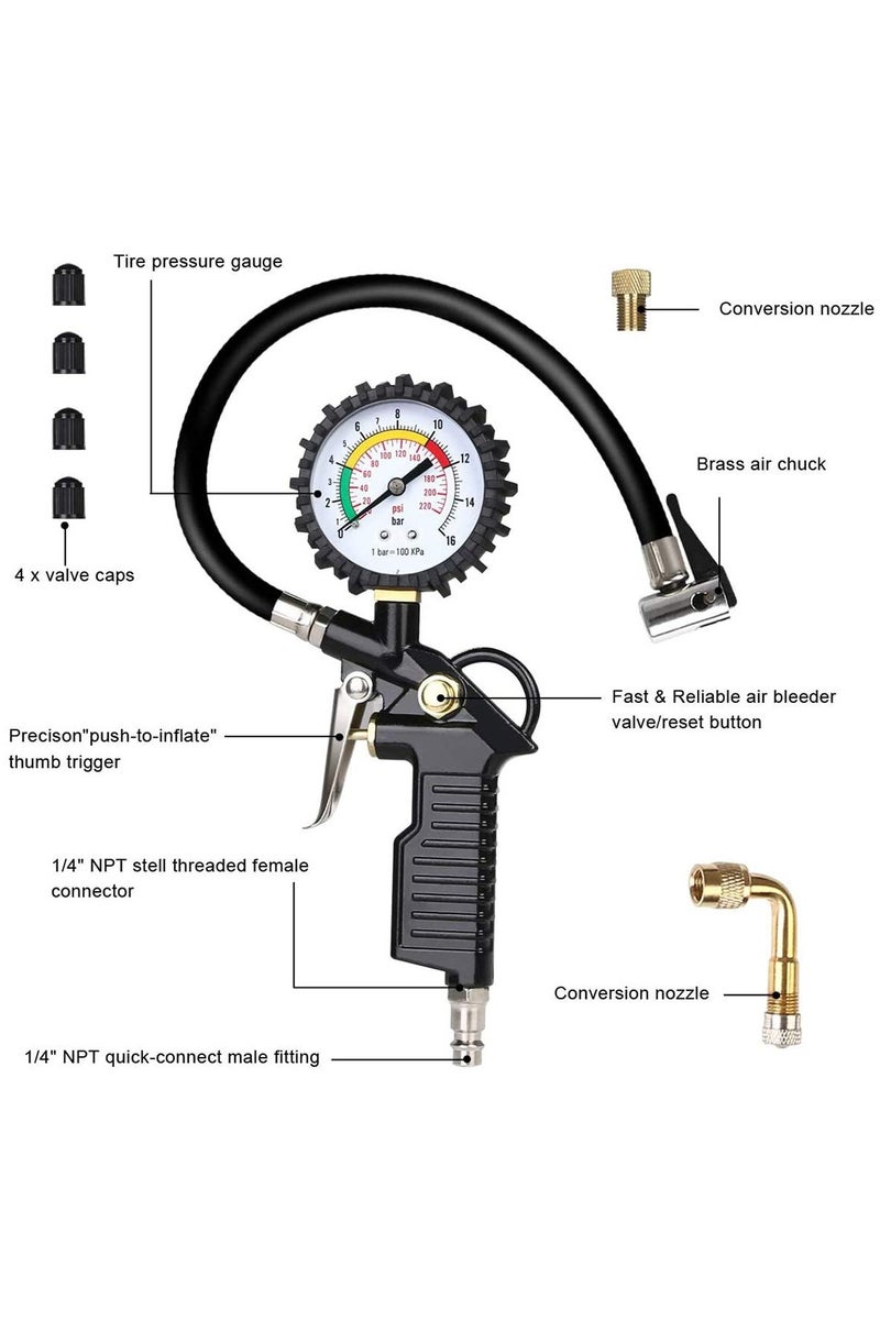 HERIOS Tyre Inflator and Pressure Gauge Gun For Use with Air Compressor Includes Ruber Hose Quick Connect Coupler Accessories - Image 2