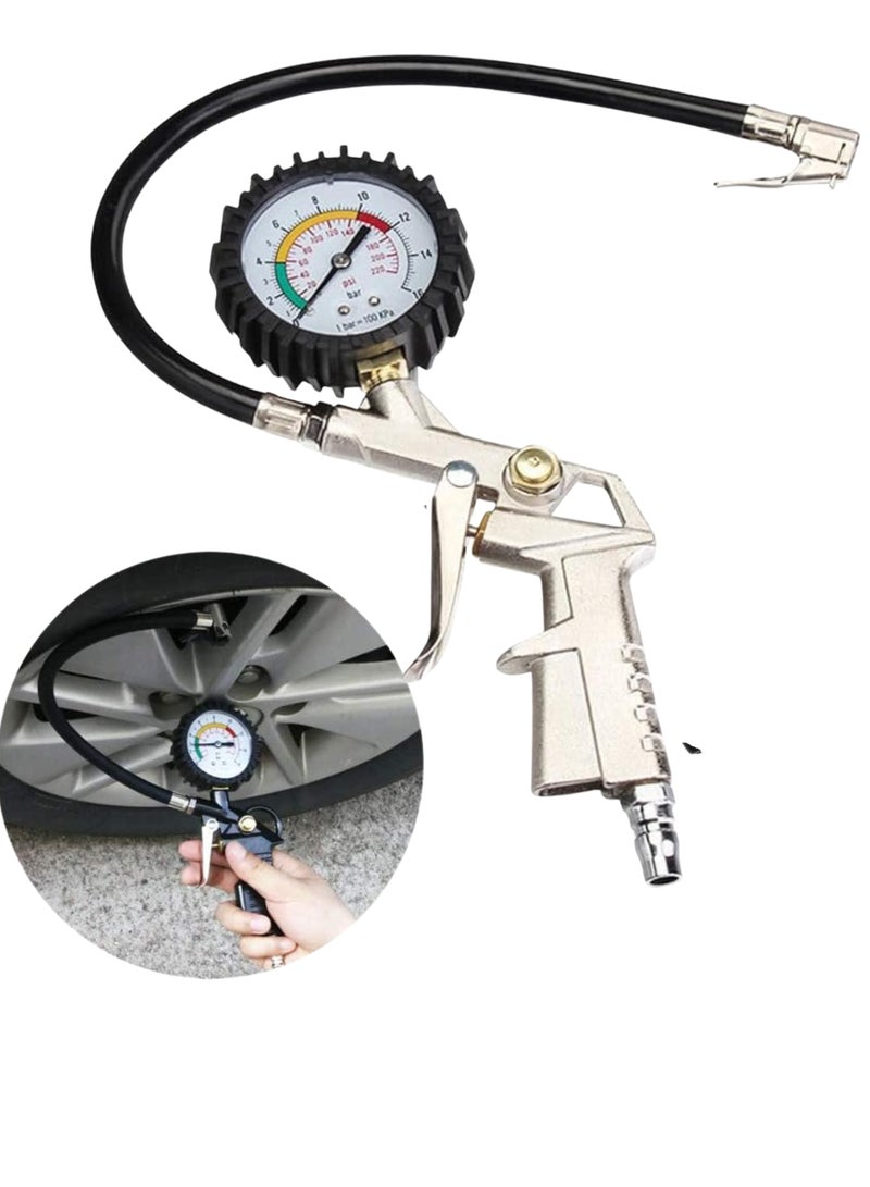 HERIOS Tyre Inflator and Pressure Gauge Gun For Use with Air Compressor Includes Ruber Hose Quick Connect Coupler Accessories - Image 1