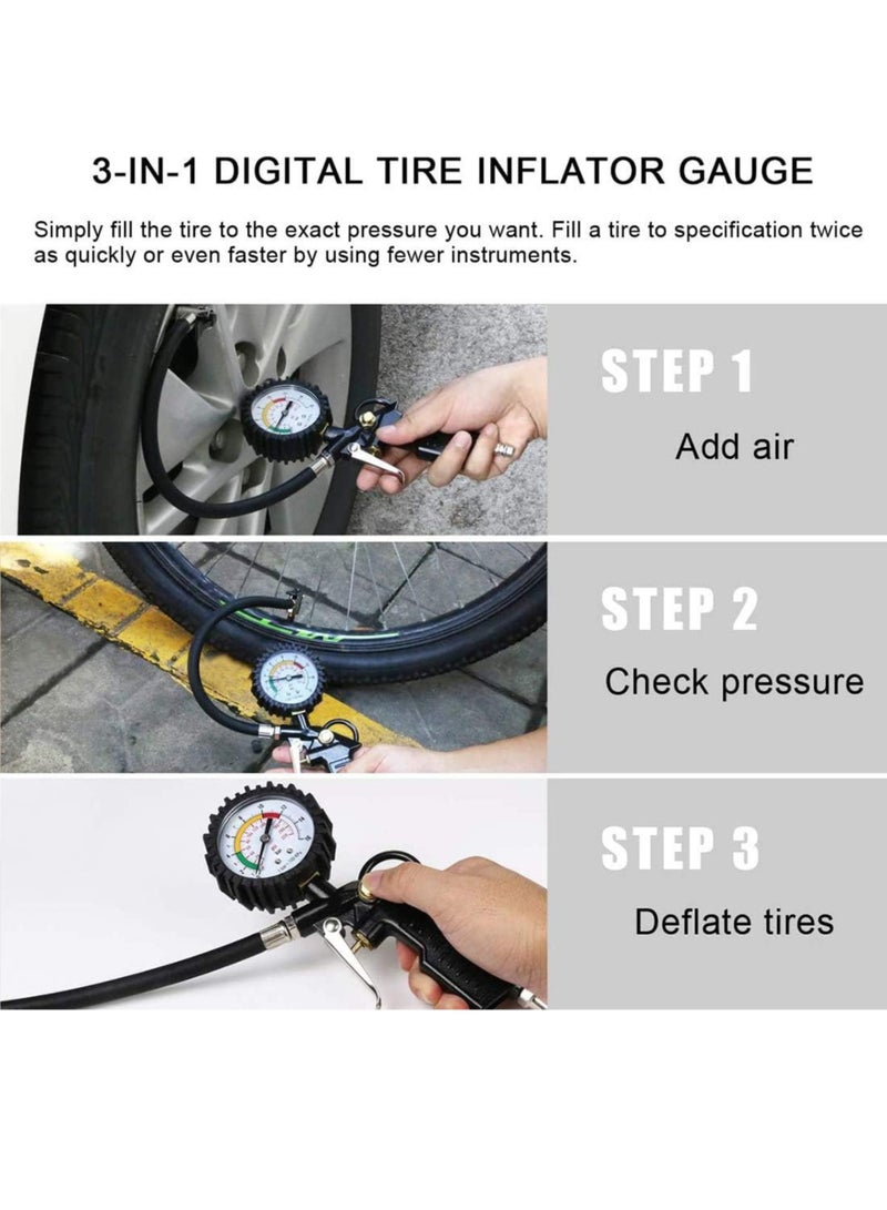 HERIOS Tyre Inflator and Pressure Gauge Gun For Use with Air Compressor Includes Ruber Hose Quick Connect Coupler Accessories - Image 2