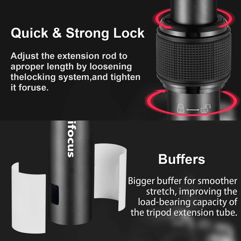 MINIFOCUS مِني فوكوس حامل ثلاثي القوائم قابل للتمديد، عمود مركزي من قسمين، أنبوب تمديد من سبائك الألمنيوم بطول 23.4 بوصة، عصا تلسكوبية مع برغي 1/4" و 3/8"، متوافق مع الحوامل الثلاثية/الجيمبال/الكاميرا، أقصى تحميل 33 رطل - Image 4