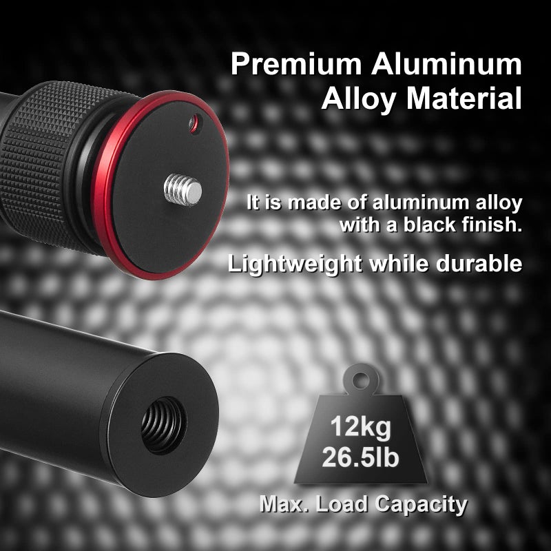 MINIFOCUS مِني فوكوس حامل ثلاثي القوائم قابل للتمديد، عمود مركزي من قسمين، أنبوب تمديد من سبائك الألمنيوم بطول 23.4 بوصة، عصا تلسكوبية مع برغي 1/4" و 3/8"، متوافق مع الحوامل الثلاثية/الجيمبال/الكاميرا، أقصى تحميل 33 رطل - Image 5