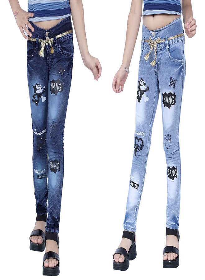 KUNDAN Girl's Slim Fit Jeans (Dark Blue-01 & Sky Blue-01; Pack of 2 Jeans for Girl's; 12 Years-13 Years) - Image 1