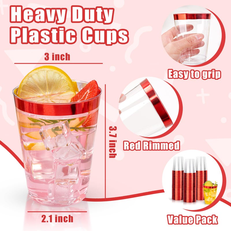 DaYammi DaYammi 100 Pack Red Plastic Cups 10 Oz Clear Red Rimmed Plastic Cups for Party Fancy Disposable Cup for Wedding Disposable Glasses Clear Tumblers with Rim for Birthday Elegant Wine Cocktail Cup - Image 1