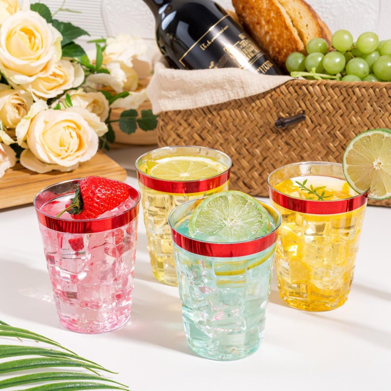 DaYammi DaYammi 100 Pack Red Plastic Cups 10 Oz Clear Red Rimmed Plastic Cups for Party Fancy Disposable Cup for Wedding Disposable Glasses Clear Tumblers with Rim for Birthday Elegant Wine Cocktail Cup - Image 4