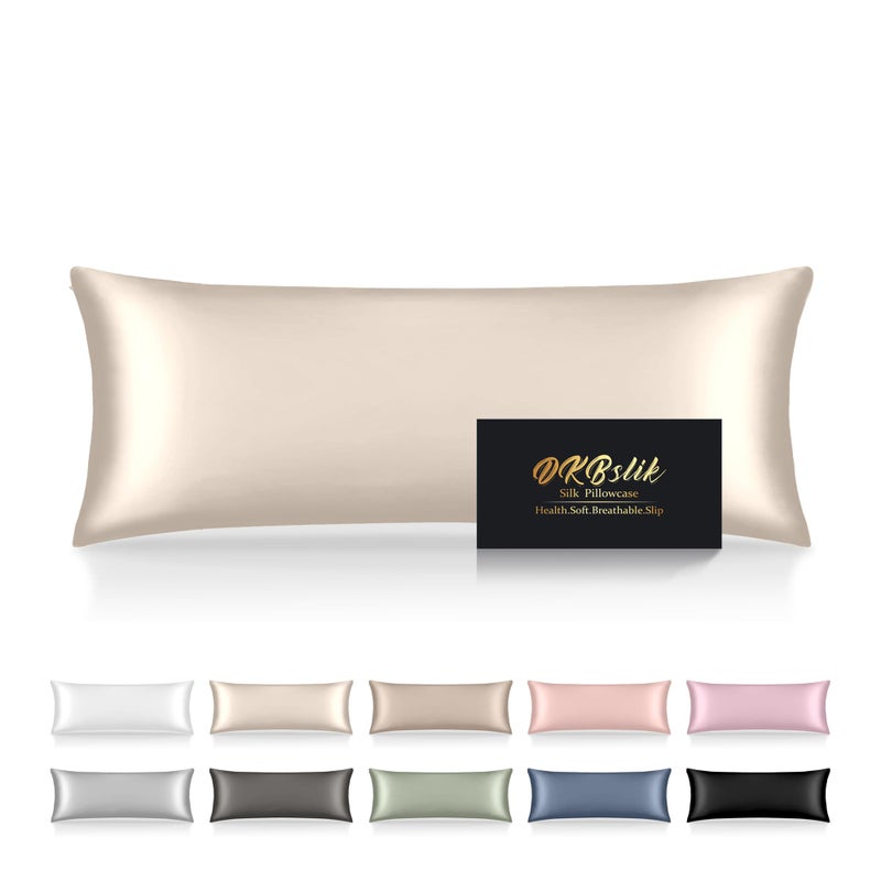 Silk Body Pillow Cases Mulberry Silk Body Pillow Cover with Zipper Smooth Anti Acne Cooling Sleep Both Sides Natural Silk Satin 20x54 Body Pillowcase Gifts for Women Men Beige