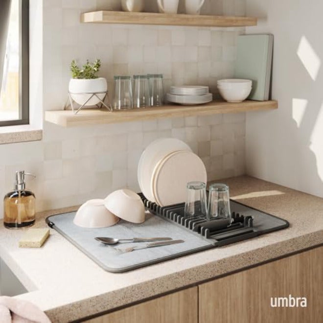 Umbra Udry Dish Rack and Microfiber Drying Mat – Space-Saving Design Folds Up for Easy Storage, Basic Rack, Dark Grey - Image 2