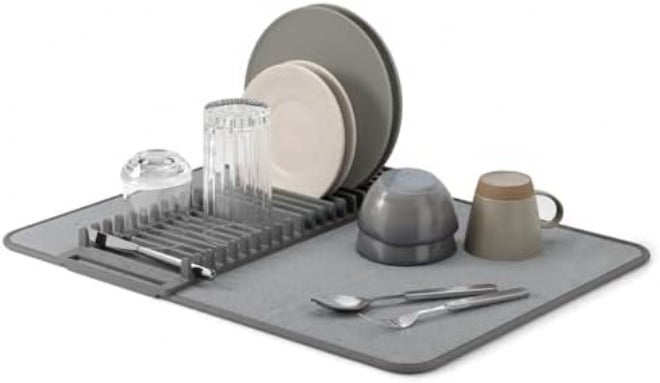 Umbra Udry Dish Rack and Microfiber Drying Mat – Space-Saving Design Folds Up for Easy Storage, Basic Rack, Dark Grey - Image 1