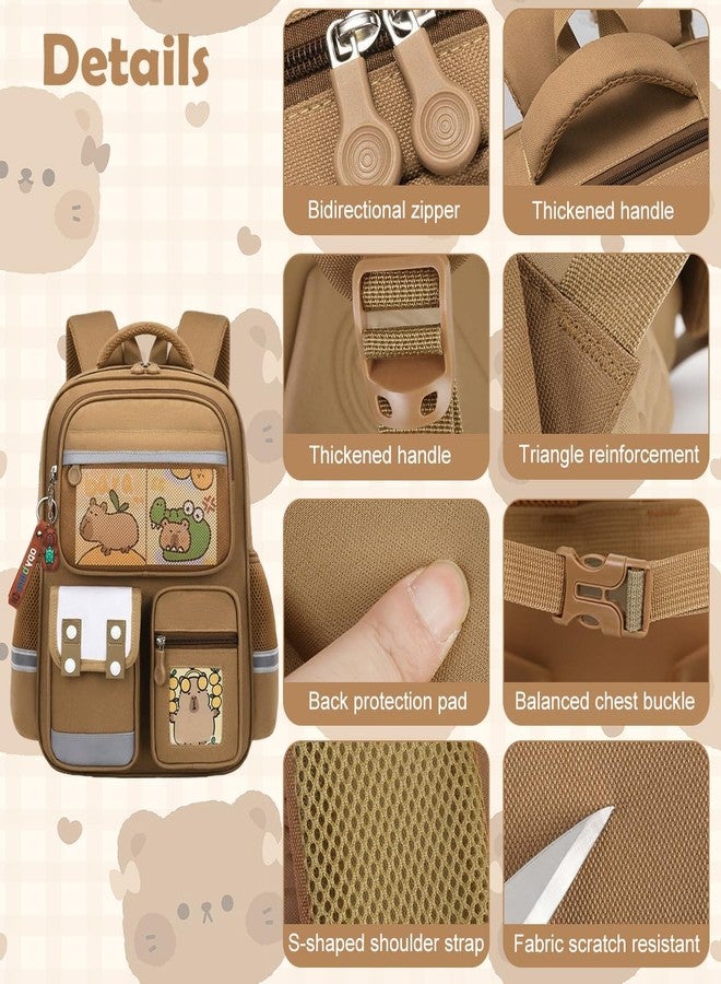 Climberty® Capybara Backpack with 6 Badges & Capybara Post Cards, Cute Bag Charm, Kawaii Multi Compartment School Backpack for Girls - Image 3