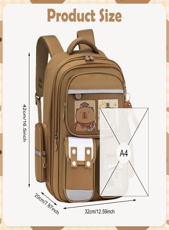Climberty® Capybara Backpack with 6 Badges & Capybara Post Cards, Cute Bag Charm, Kawaii Multi Compartment School Backpack for Girls - Image 2