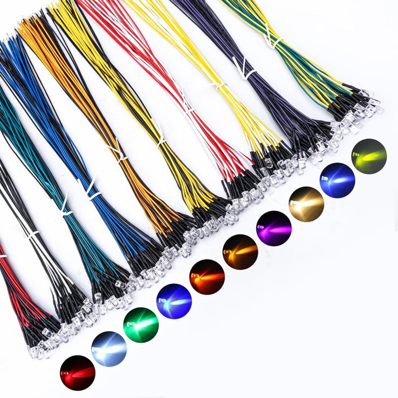 DiCUNO 200 قطعة 12 فولت ثنائية ضوئية مسبقة التوصيل 5 مم، ثنائيات ضوئية LED فائقة السطوع بطول 9.4 بوصة (10 ألوان × 20 قطعة) مجموعة ألوان متنوعة في صندوق لمشاريع تجارب العلوم الدائرية، مشاريع الإضاءة DIY - Image 1