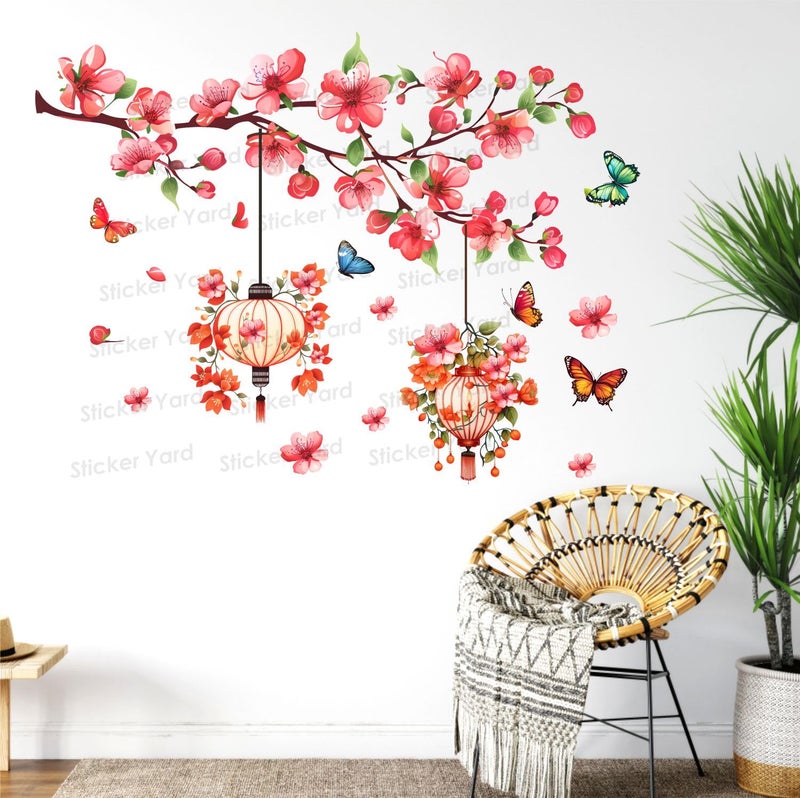 Sticker Yard PVC Vinyl Branch Flowers Birds Lantern Self-Adhesive Wall Sticker for Home Decor/Decoration - Living Room, Bedroom, Kids Room (Multicolor,Size 74X57CM) - Image 2