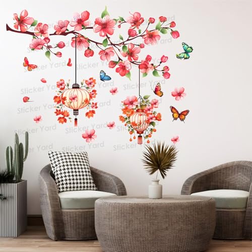 Sticker Yard PVC Vinyl Branch Flowers Birds Lantern Self-Adhesive Wall Sticker for Home Decor/Decoration - Living Room, Bedroom, Kids Room (Multicolor,Size 74X57CM) - Image 1
