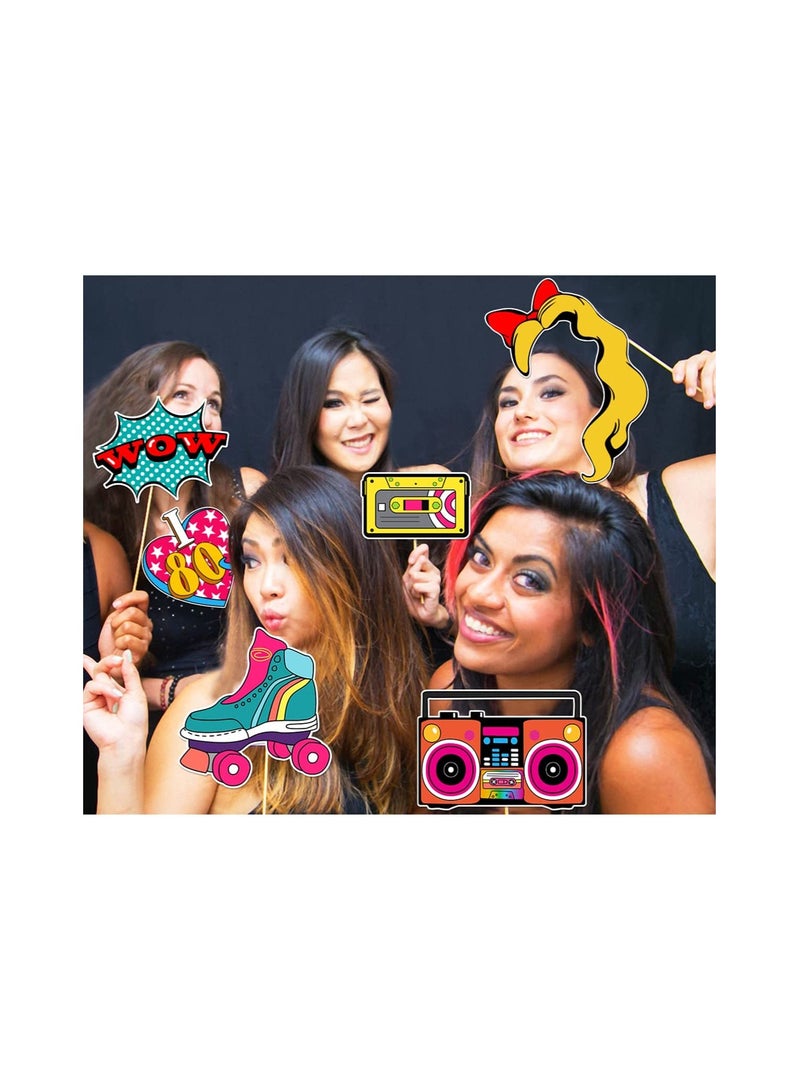 Zikra 21pcs 80's Funny Photo Props Birthday Party Photo Booth Props with Wooden Sticks Creative Party Supplies Perfect for 1980s Theme Birthday Party Decoration Accessories - Image 5