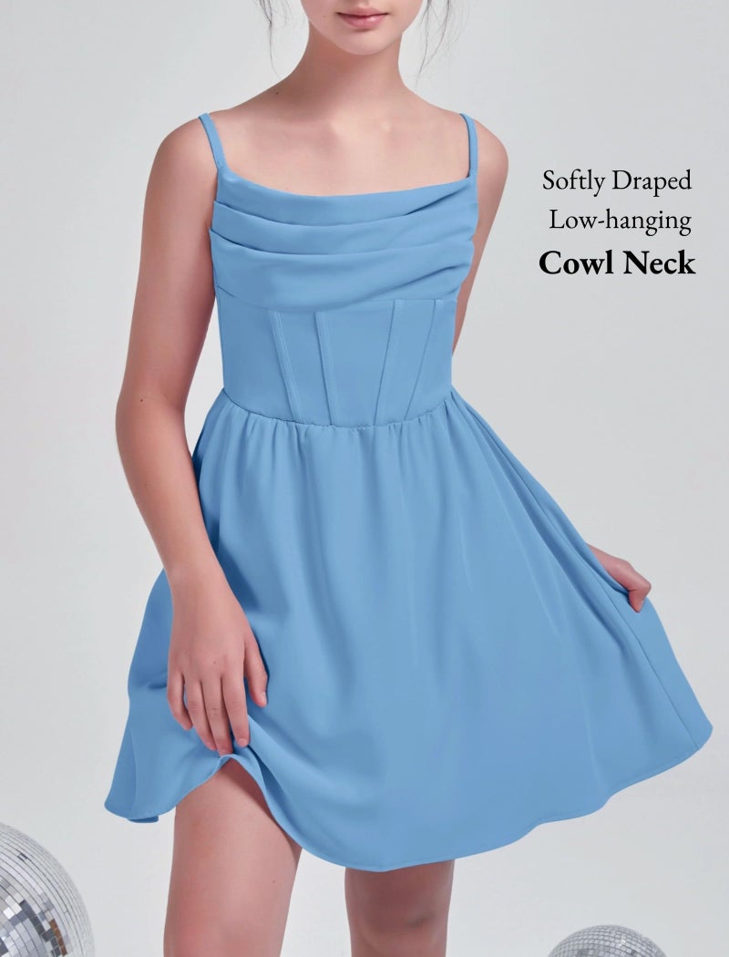 EXARUS Girls Summer Easter Dress Tween Party Dance Spaghetti Strap Birthday Cocktail Teen Junior Wedding HOCO Ruffle Mini Elegant Dresses Blue 10 Years - Image 2