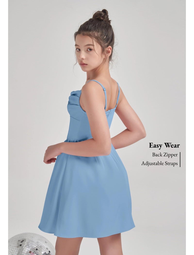 EXARUS Girls Summer Easter Dress Tween Party Dance Spaghetti Strap Birthday Cocktail Teen Junior Wedding HOCO Ruffle Mini Elegant Dresses Blue 10 Years - Image 3