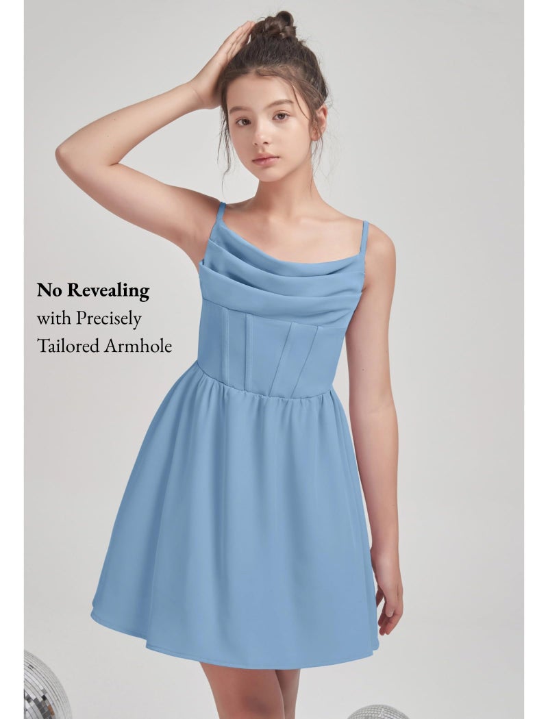EXARUS Girls Summer Easter Dress Tween Party Dance Spaghetti Strap Birthday Cocktail Teen Junior Wedding HOCO Ruffle Mini Elegant Dresses Blue 10 Years - Image 4