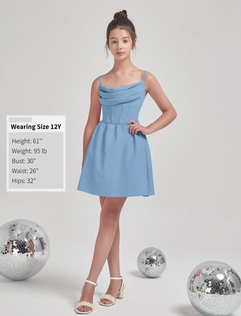 EXARUS Girls Summer Easter Dress Tween Party Dance Spaghetti Strap Birthday Cocktail Teen Junior Wedding HOCO Ruffle Mini Elegant Dresses Blue 10 Years - Image 5