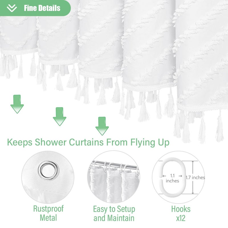 Dynamene Boho Farmhouse Shower Curtain, White Fabric Tufted Chevron Striped Textured Tassel Shower Curtains for Bathroom, Water Repellent, Minimalist Ruffled Cloth Shower Curtain Set with Hook, 72x72 - Image 5