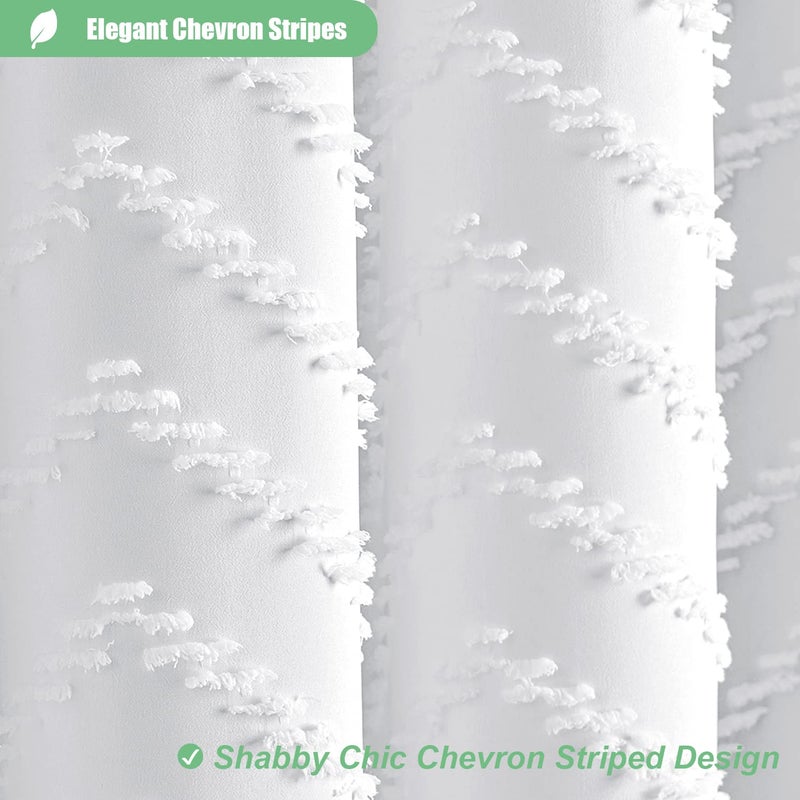 Dynamene Boho Farmhouse Shower Curtain, White Fabric Tufted Chevron Striped Textured Tassel Shower Curtains for Bathroom, Water Repellent, Minimalist Ruffled Cloth Shower Curtain Set with Hook, 72x72 - Image 3