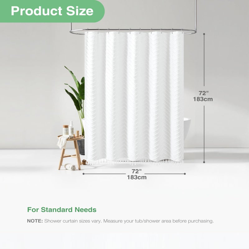 Dynamene Boho Farmhouse Shower Curtain, White Fabric Tufted Chevron Striped Textured Tassel Shower Curtains for Bathroom, Water Repellent, Minimalist Ruffled Cloth Shower Curtain Set with Hook, 72x72 - Image 4