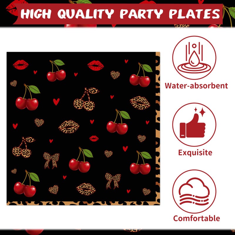 Aposwow Cheetah and Cherry Birthday Decorations - 96 PCS Cheetah Print Cherry Plates Napkins Black Forks Tableware, Girls Women Birthdays Leopard Disposable Party Supplies Serves 24 - Image 4
