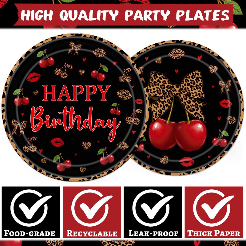 Aposwow Cheetah and Cherry Birthday Decorations - 96 PCS Cheetah Print Cherry Plates Napkins Black Forks Tableware, Girls Women Birthdays Leopard Disposable Party Supplies Serves 24 - Image 3