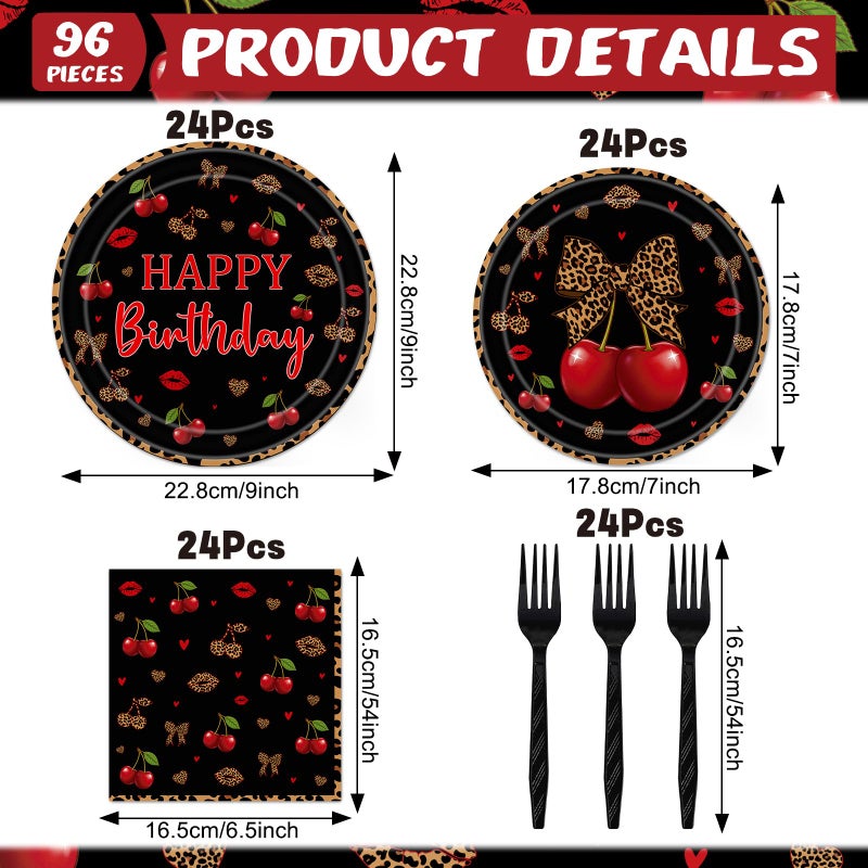 Aposwow Cheetah and Cherry Birthday Decorations - 96 PCS Cheetah Print Cherry Plates Napkins Black Forks Tableware, Girls Women Birthdays Leopard Disposable Party Supplies Serves 24 - Image 2