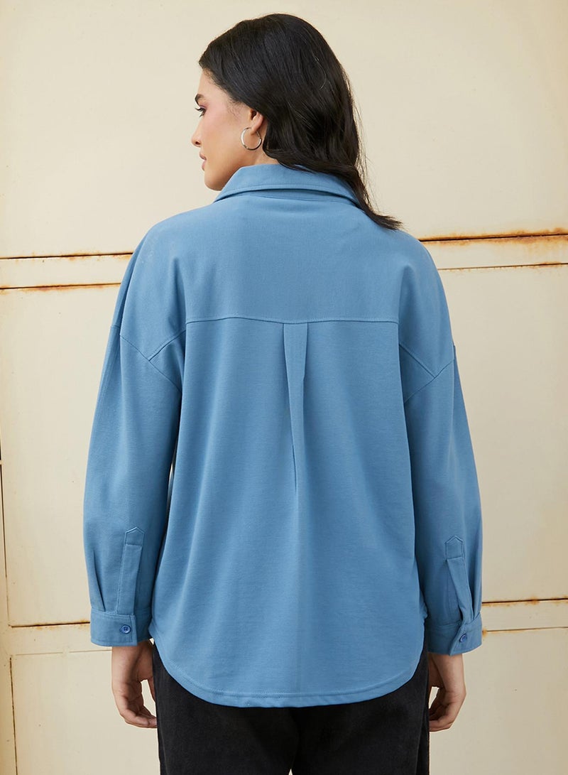 Campus Sutra Women's Azure Blue Solid Oversized Shirt - Image 5