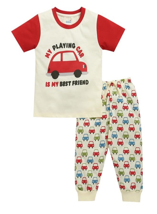 BUMZEE طقم بيجاما وقميص قطني للأولاد من BUMZEE، نصف كم، لون كريمي - 12-18 شهرًا (Peb10356D-crm) - Image 1