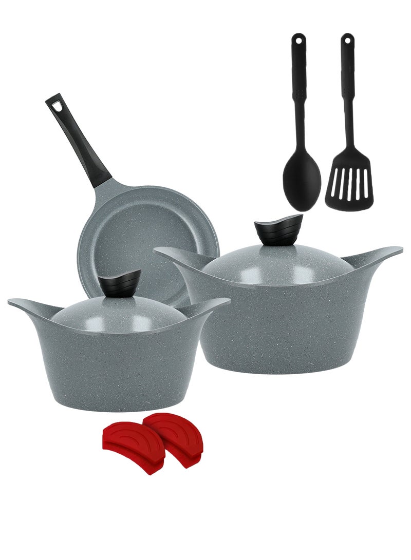 بادريق طقم قدور جرانيت مكون من 9 قطع - أواني ومقالي من الألومنيوم - سطح غير لاصق - مقابض سوداء نهائية - غطاء جرانيت  - خالي من مادة PFOA - طاوة قلي و قدور مع غطاء  موديل كوري رمادي اللون - Image 2