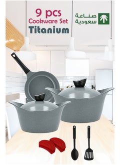 Badraig 9-Piece Granite Cookware Set - Aluminum Pots And Pans - Non-Stick Surface - Black Finish Handles - Granite Lids - PFOA Free - Frying Pan, Casserole With Lid, Korean Model, Grey Color  - Image 2