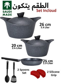 Badraig 9-Piece Granite Cookware Set - Aluminum Pots And Pans - Non-Stick Surface - Black Finish Handles - Granite Lids - PFOA Free - Frying Pan, Casserole With Lid, Korean Model, Grey Color  - Image 4