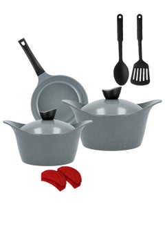 Badraig 9-Piece Granite Cookware Set - Aluminum Pots And Pans - Non-Stick Surface - Black Finish Handles - Granite Lids - PFOA Free - Frying Pan, Casserole With Lid, Korean Model, Grey Color  - Image 1