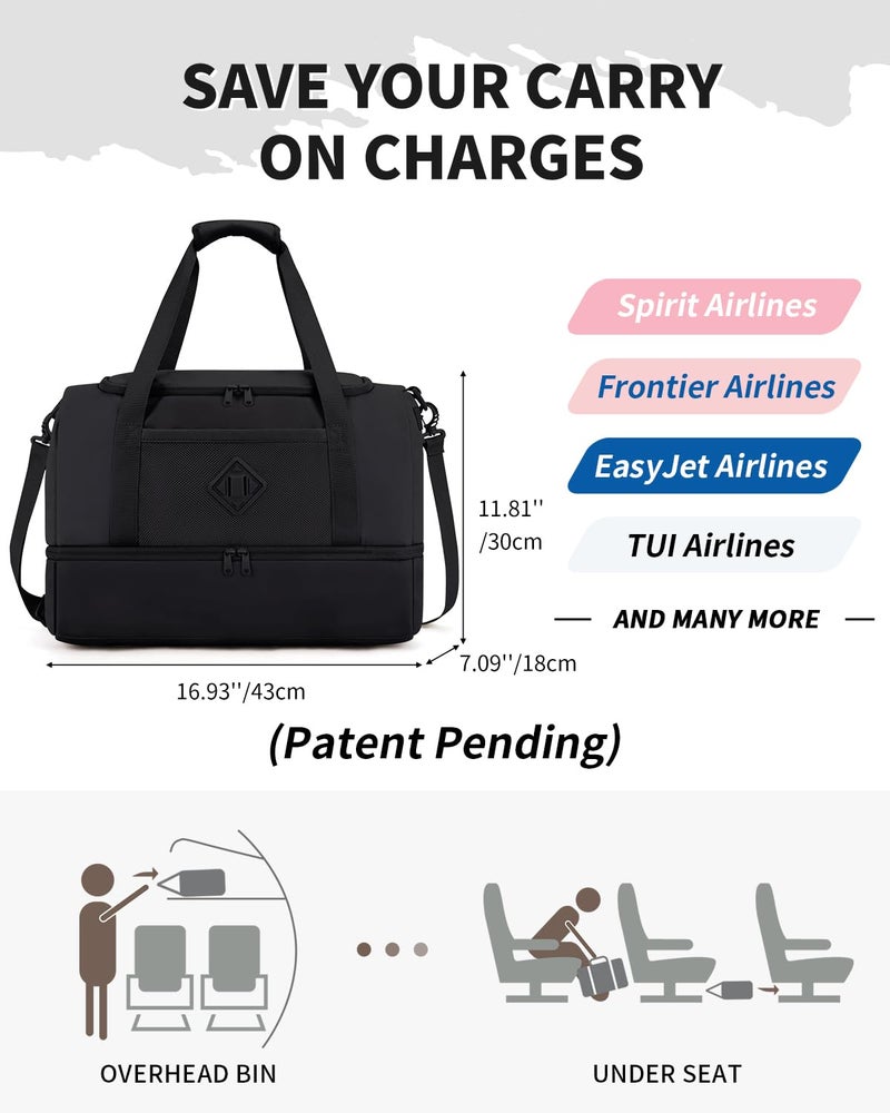 WANDF Travel Duffel Bag with Wet Pocket & Shoe Compartment, 18x14x8 Personal Item Bag with USB Charging Port, Water-Resistant Gym Weekender Overnight Carry-on for Women Men (Black) - Image 2