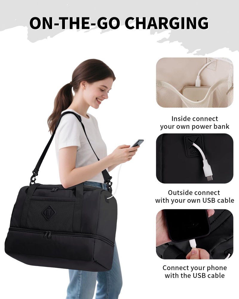 WANDF Travel Duffel Bag with Wet Pocket & Shoe Compartment, 18x14x8 Personal Item Bag with USB Charging Port, Water-Resistant Gym Weekender Overnight Carry-on for Women Men (Black) - Image 5