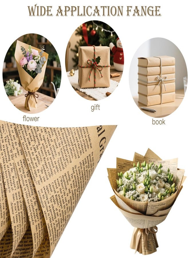 LeZakaa 20 Sheets Kraft Newsprint Flower Wrapping Paper -Reversible Floral Bouquet Paper -Brown Font Kraft Newsprint Design for Valentine's Day, Mother's Day, Parties, Birthdays, Weddings, Baby Shower - Image 2