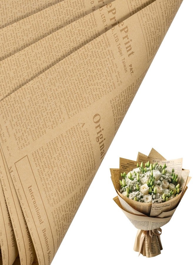 LeZakaa 20 Sheets Kraft Newsprint Flower Wrapping Paper -Reversible Floral Bouquet Paper -Brown Font Kraft Newsprint Design for Valentine's Day, Mother's Day, Parties, Birthdays, Weddings, Baby Shower - Image 1