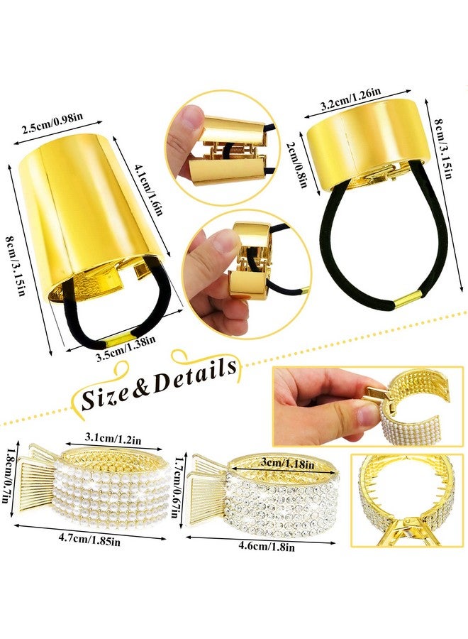 RechicGu 4 Pieces Metal Ponytail Cuff Set Gold Circle Hair Cuffs Pearl Rhinestones Hair Clips Elastic Hair Tie Fashion Gothic Punk Hair Holder Accessory - Image 2